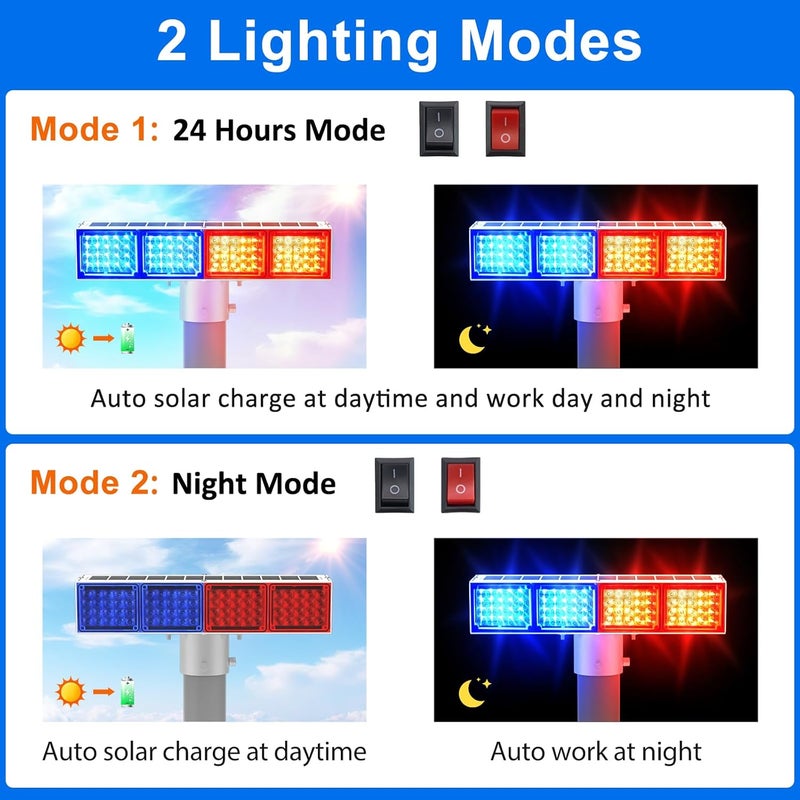 Aolyty Solar Strobe Light, Bright Red & Blue Light Flashing IP65 Waterproof Solar Warning Lights Double-Sided Security Lights 2 Modes 160LEDS for Construction Site, Dock, Crossroad, Driveway (1) - Image 3